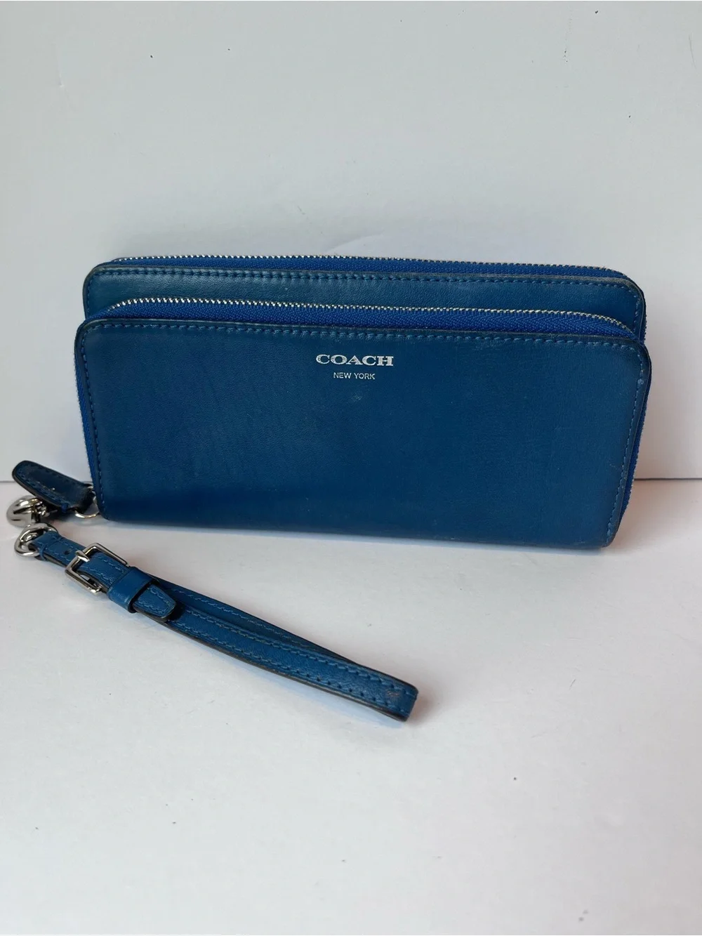 Coach Blue Leather Double Zip Wallet Clutch